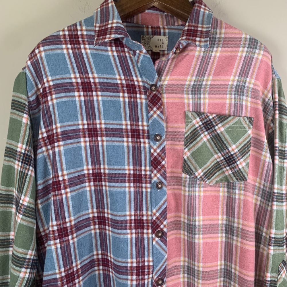 Oli and Hali Mixed Plaid Real World Duster Long Flannel Button Down Size Medium - Picture 3 of 11